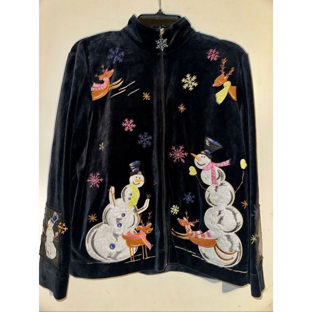 Onque Casuals Snowmen Black Velour Christmas Top Small Embellished Artsy Button